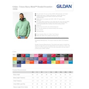 May include: A Gildan 18500 unisex heavy blend hooded sweatshirt in light green with a pouch pocket and double-lined hood with drawcord. The product information sheet includes a colour chart, fabric specifications, and a size chart in inches.