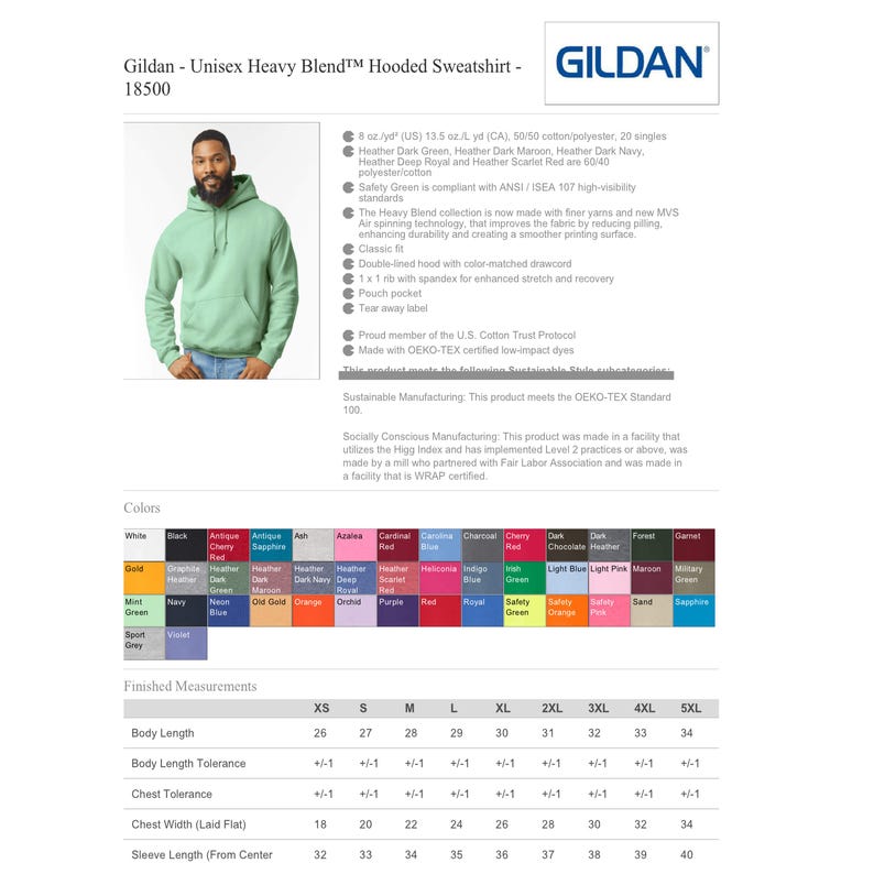 May include: A Gildan 18500 unisex heavy blend hooded sweatshirt in light green with a pouch pocket and double-lined hood with drawcord. The product information sheet includes a colour chart, fabric specifications, and a size chart in inches.