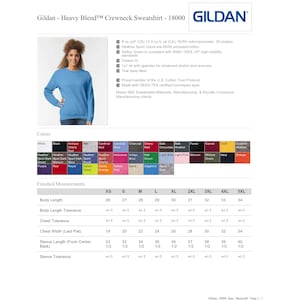May include: A Gildan Heavy Blend crewneck sweatshirt in light blue, featured on a product specification sheet. The document displays a colour palette grid, fabric composition details, and a table of finished measurements ranging from XS to 5XL.
