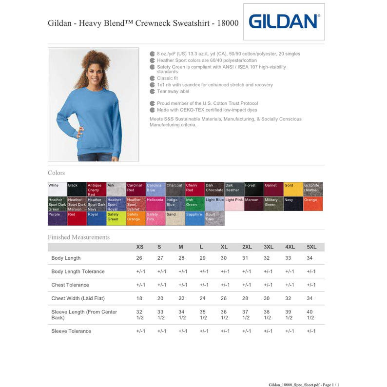 May include: A Gildan Heavy Blend crewneck sweatshirt in light blue, featured on a product specification sheet. The document displays a colour palette grid, fabric composition details, and a table of finished measurements ranging from XS to 5XL.
