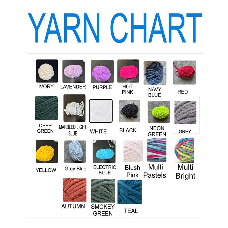 May include: A yarn chart displaying twenty-one colour samples of chunky yarn. The text YARN CHART appears at the top. Each sample is labelled with names including Ivory, Lavender, Purple, Hot Pink, Navy Blue, Red, Deep Green, Marbled Light Blue, White, Black, Neon Green, Grey, Yellow, Grey Blue, Electric Blue, Blush Pink, Multi Pastels, Multi Bright, Autumn, Smokey Green, and Teal.