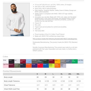 May include: Gildan 5400 Unisex Heavy Cotton long sleeve t-shirt specification sheet. Includes product features, fabric composition, a colour palette chart with various shades, and a table of finished measurements in inches for sizes S to 3XL.