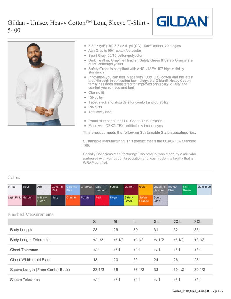 May include: Gildan 5400 Unisex Heavy Cotton long sleeve t-shirt specification sheet. Includes product features, fabric composition, a colour palette chart with various shades, and a table of finished measurements in inches for sizes S to 3XL.