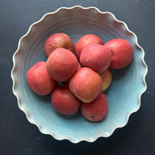 Handmade Blue Ruffled Pottery Bowl: Artisan Serving Dish, Home Decor