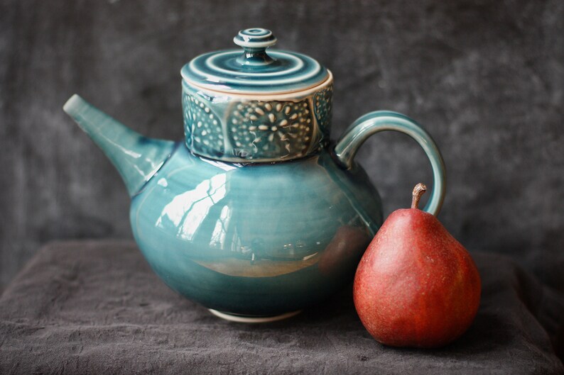 Handmade blue green porcelain teapot