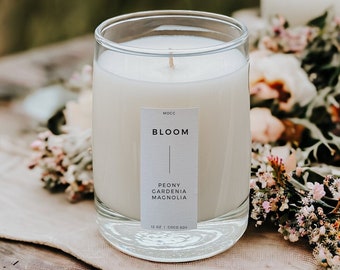 BLOOM Flower Scented Coconut Soy Candle, Cottagecore Room Decor, Plant Lady Gifts for Gardeners Plant Mom Gift, Gardenia, Peony, Magnolia