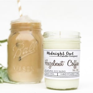 Hazelnut Coffee | Mason Jar Candle, Scented Candle, Soy Candles, Gift for Coffee Lover, Coffee Gift, Candles, Midnight Owl Candle Co.