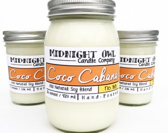 Coco Cabana | scented mason jar candle, spring, summer,  soy candle, tropical, home, decor, most popular, Midnight Owl Candle Co.