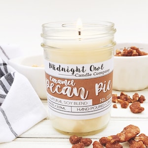 Caramel Pecan Pie Candle | Mason Jar Candle, Scented Soy Candle, Baked Goods, Dessert Scent, Pecan, Holiday Scents, Midnight Owl Candle Co.