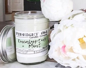 Eucalyptus and Mint Scented Candle 8oz or 16oz, refreshing, spring scent, - scented candle, soy candle, Midnight Owl Candle Co.