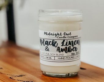 Black Linen and Amber Scented Jar Candle  8oz or 16oz - soy candle, popular candles, scented jar candle - Midnight Owl Candle Company