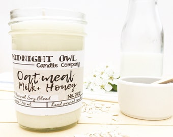 Oatmeal Milk & Honey Mason Jar Candle 8oz or 16oz, Strongly Scented Candles, Soy Candles, Eco Friendly, Soy, Candles, Midnight Owl Candle Co