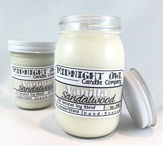 Vanilla Sandalwood Mason Jar Candle 8oz or 16oz- woodsy, refreshing, handmade, Scented Soy Candle - Midnight Owl Candle Company