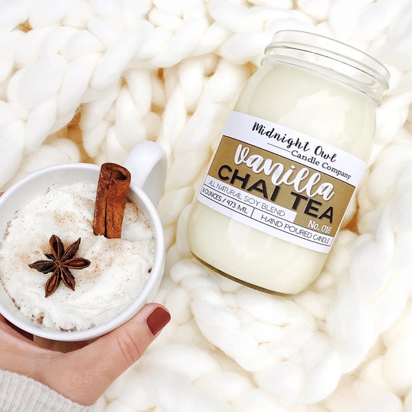 Vanilla Chai Tea Mason Jar Candle Scented Soy Candle, popular candles, fall, autumn, chai tea, vanilla chai, Midnight Owl Candle Company