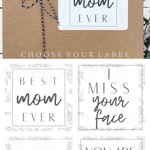 May include: Four printable gift tags with floral designs and different messages. The messages are "Best Mom Ever", "I Miss Your Face", "Just Breathe", and "You Are Essential To Me".