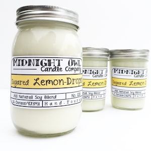 Sugared Lemon Drops Mason Jar Candle 8oz or 16oz, soy candle, lemon scents, Midnight Owl Candle Company, lemon, spring candle, fresh, clean