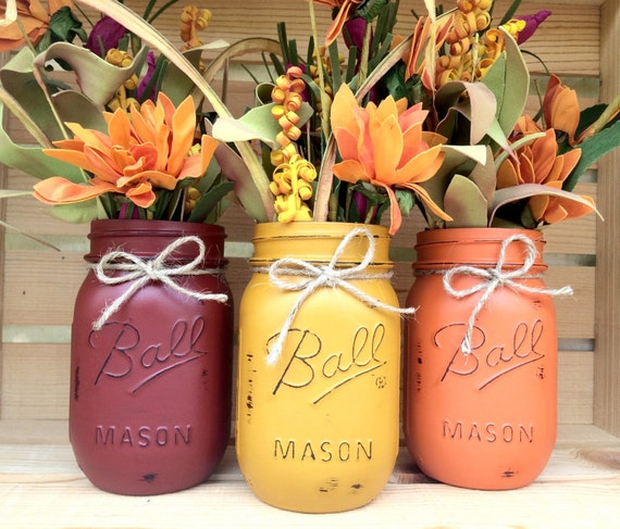 Set Of 3 Hand Painted Mason Jars Autumn Home Decor Fall Etsy