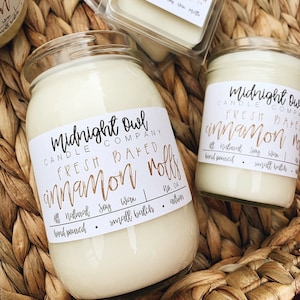Half Baked Cinnamon Roll Scented Soy Candle, baked goods, desserts, cinnamon bun, scented mason jar candle Midnight Owl Candle Co.