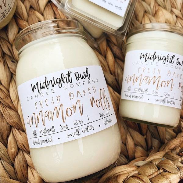 Half Baked Cinnamon Roll Scented Soy Candle, baked goods, desserts, cinnamon bun, scented mason jar candle Midnight Owl Candle Co.