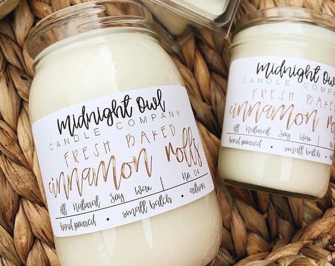 Half Baked Cinnamon Roll Scented Soy Candle, baked goods, desserts, cinnamon bun, scented mason jar candle Midnight Owl Candle Co.