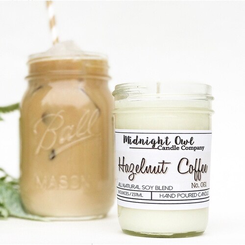 Hazelnut Coffee | Mason Jar Candle, Scented Candle, Soy Candles, Gift for Coffee Lover, Coffee Gift, Candles, Midnight Owl Candle Co.