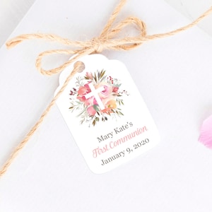 Etiquetas de primeira comunhão com flores rosa, lembrancinhas de batismo para meninas, etiqueta de presente de batizado personalizada