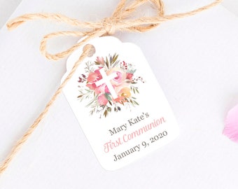 Pink Floral First Communion Tags, Girl Baptism Favors, Personalized Christening Gift Tag