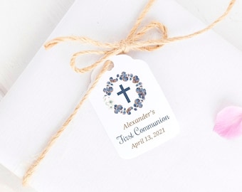 Blue First Communion Tags, Floral Boy's Christening Favors, Baptism Confirmation