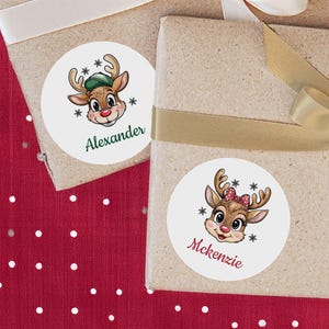 Christmas Name Labels for Kids with Reindeer Design, Gift Wrapping Stickers, Gifts and Presents Tags