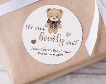 We Can Bearly Wait Stickers, Teddy Bear Theme Baby Shower Favor Labels