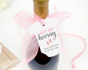 Sip Sip Hooray Tags, Mini Champagne Bottle Baby Shower Favor Tags, Baby Is on the Way