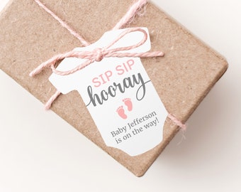 Sip Sip Hooray Tags, Mini Champagne Bottle Baby Shower Favor Tags, Baby Is on the Way