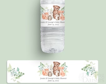 Woodland babyshower waterflesetiketten, waterdichte stickers, themafeest bosdieren