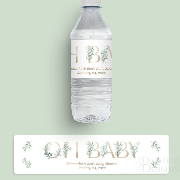 Greenery Baby Shower Water Bottle Labels - Oh Baby Water Bottle Stickers, Baby Shower Bottle Wraps