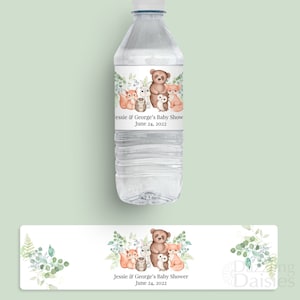 Woodland Baby Shower Water Bottle Labels, Waterproof Stickers, Forest Animals Themed Party