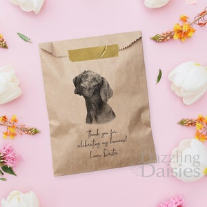 May include: A brown paper bag with a gold sticker on the top. The bag has a black and white illustration of a dog on it. The text on the bag reads "Thank you for celebrating my humans! Love, Dexter."