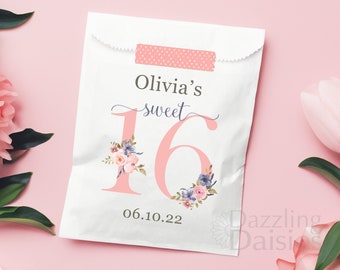 Sweet 16-bedankzakjes, bloemen Sweet Sixteen-feestbedankjes, gepersonaliseerde snoepzakjes
