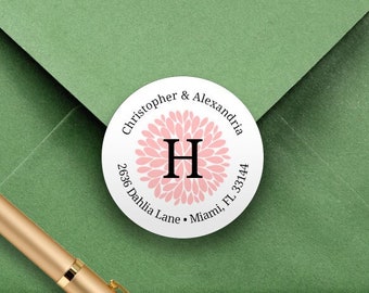 Round Floral Return Address Labels, Personalized Envelope Seals, Elegant Dahlia Address Stickers