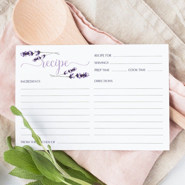 Lavender recipe cards - Printed recipe cards - 4x6 recipe cards - Floral recipe card - (003RC)