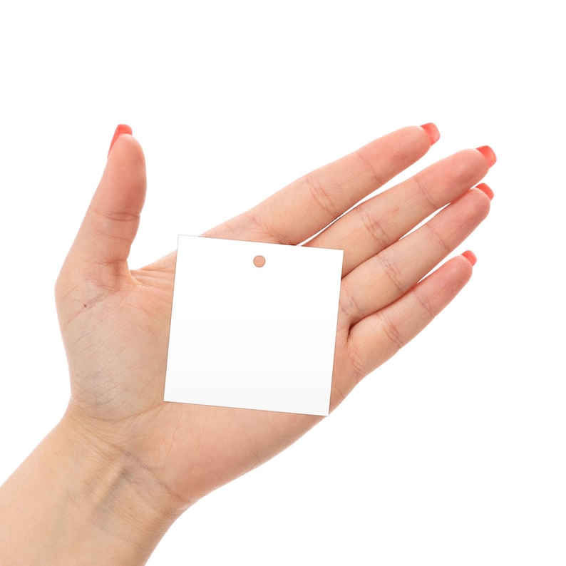 Square tag in hand for size reference