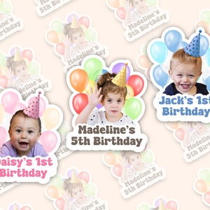 Aangepaste verjaardagsstickers, bedanklabels voor kinderverjaardag, feestbedankjes met foto