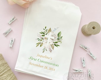 Communion Favor Bags Floral Design, Personalized Christening, Baptism, Confirmation Favors