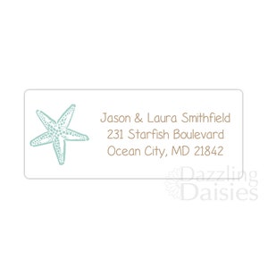 May include: A light blue starfish with a brown outline is on a white background. The text below the starfish reads "Jason & Laura Smithfield, 231 Starfish Boulevard, Ocean City, MD 21842".
