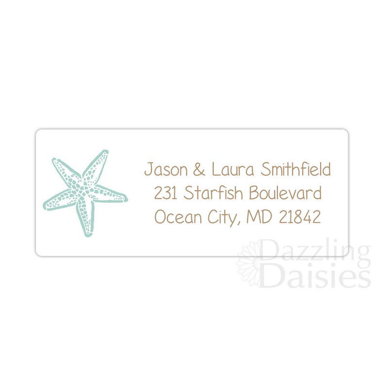 May include: A light blue starfish with a brown outline is on a white background. The text below the starfish reads "Jason & Laura Smithfield, 231 Starfish Boulevard, Ocean City, MD 21842".