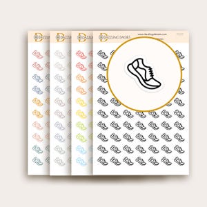 May include: Five sheets of colorful stickers with a black and white outline of a running shoe. The sheets are orange, red, yellow, blue, and white. The sheets are labeled "Dazzling Daisies" and "www.dazzlingdaisies.com".