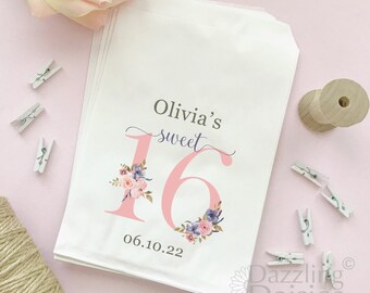 Sweet 16 Favor Bags, Floral Sweet Sixteen Party Favors, Personalized Candy Bar Treat Bags