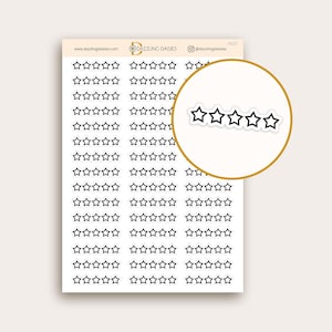 May include: Sheet of black star stickers with white outlines. The stickers are arranged in rows and columns. A close-up shows a row of five stars. The website and social media handle are visible in the image.