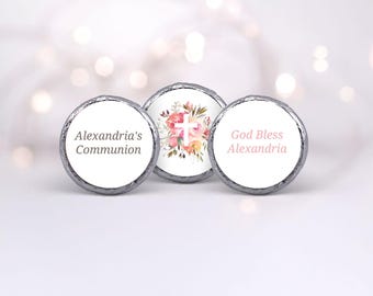 Hershey Kiss Stickers for First Communion (108), Baptism, Christening Chocolate Candy Labels, Pink Floral Design