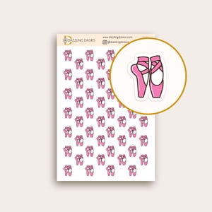 May include: A sheet of pink ballet shoe stickers. The sheet is filled with multiple pink ballet shoe stickers. The sheet has the text "dazzling daisies" on it.