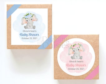 Elephant Baby Shower Stickers Personalized, Animal Theme Favors, Pink or Blue Labels